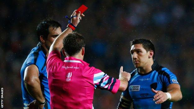 Uruguay scrum-half Agustin Ormaechea is given a red card