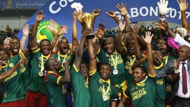 Cameroon's players celebrate winning the 2017 Africa Cup of Nations