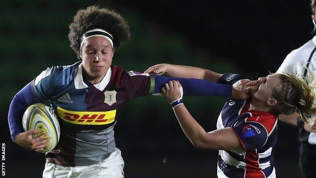 Harlequins' Shaunagh Brown hands off a Bristol player