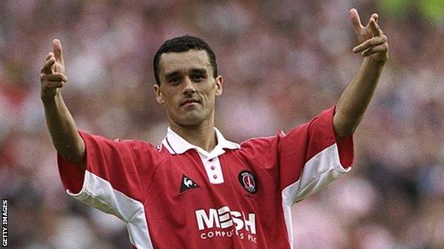 Clive Mendonca celebrates after Charlton's victory in the 1998 play-off final that saw them promoted to the Premier League. Mendonca scored a hat-trick and scored in the penalty shootout