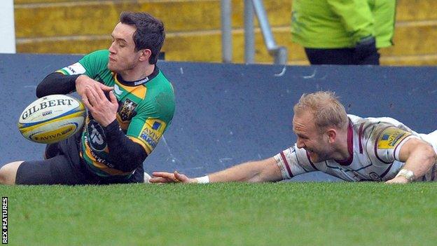 Jamie Elliott scores a try for Northampton against London Irish