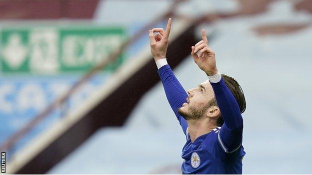 James Maddison celebrates after putting Leicester ahead against Villa