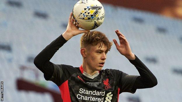 Conor Bradley in action for Liverpool's Under-18 team in the FA Youth Cup Final against Aston Villa on Monday evening