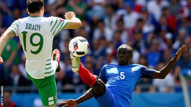 N'Golo Kante challenges Republic of Ireland's Robbie Brady