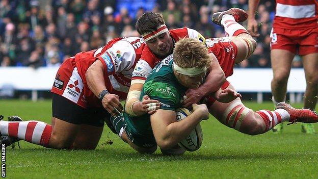 Josh McNally scores London Irish's opening try against Gloucester