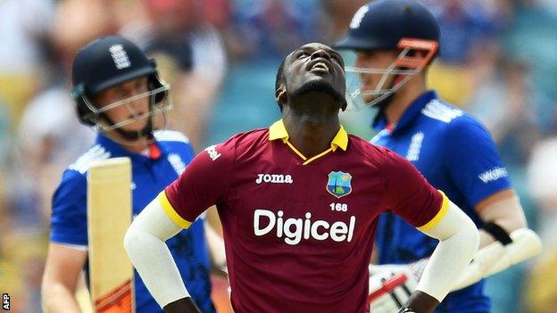 West Indies bowler Jonathan Carter looks to the heavens in anguish