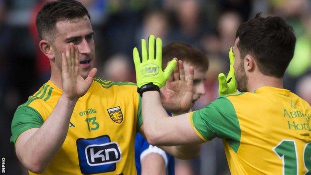 Patrick McBrearty congratulates Donegal goalscorer Cian Mulligan