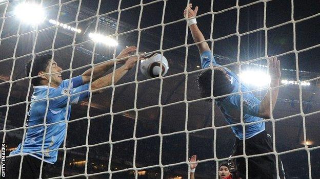 Luis Suarez's handball to stop Ghana scoring a match-winning goal at the 2010 World Cup