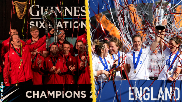 Wales lift the men's Six Nations trophy and England lift the Women's Six Nations