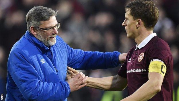 Hearts manager Craig Levein congratulates Christophe Berra