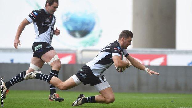 Alex Webber touches down for the first six-point try in Welsh rugby in September 2015