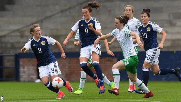 Scotland's Erin Cuthbert and Caroline Weir challenge Republic of Ireland's Karen Duggan