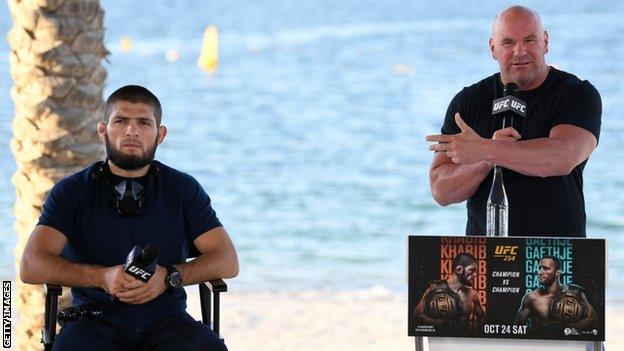 Khabib Nurmagomedov and Dana White at the pre-fight press conference for UFC 254