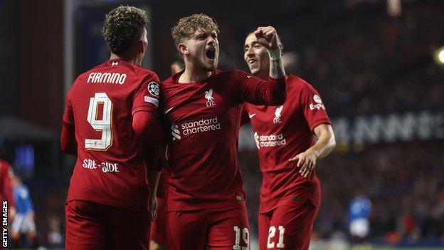 Harvey Elliott celebrates scoring for Liverpool against Rangers in the Champions League