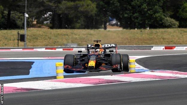 Max Verstappen runs wide into turn 2 of the French Grand Prix