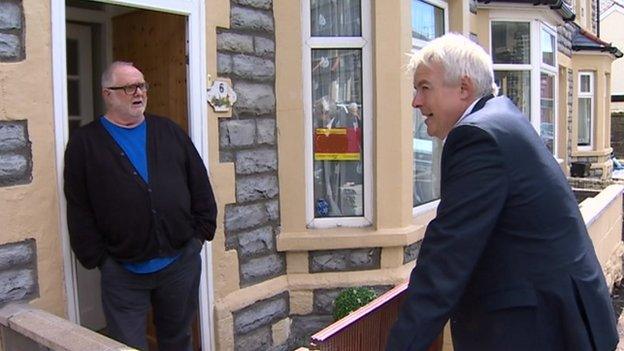 Carwyn Jones meets a voter in Barry