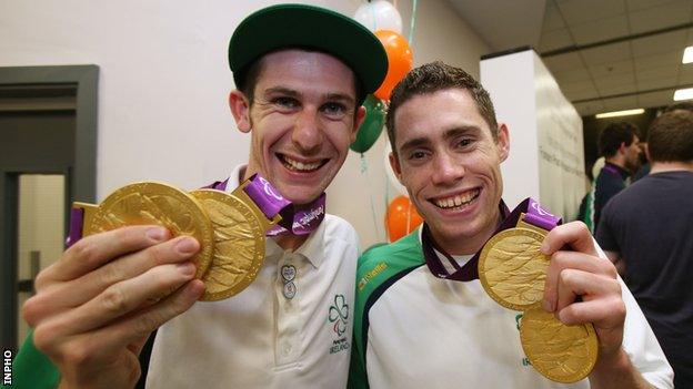 Michael McKillop and Jason Smyth after arriving back in Ireland following their London 2012 heroics