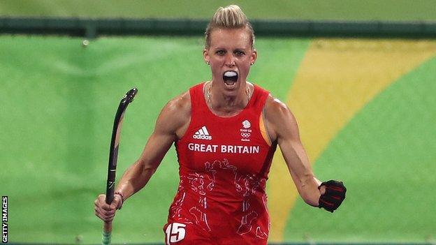 Great Britain's Alex Danson-Bennett celebrates scoring a goal in the Rio 2016 semi-final against New Zealand