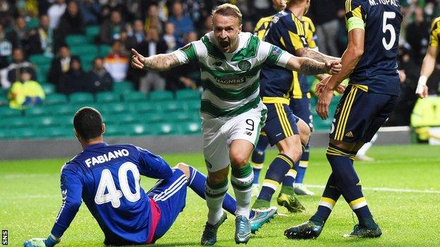 Leigh Griffiths celebrates after scoring for Celtic against Fenerbahce