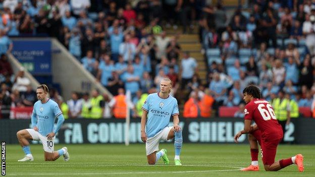 Players took the knee prior to the Community Shield between Liverpool and Manchester City