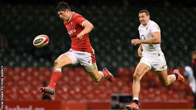 Wales wing Louis Rees Zammit being chased by fellow Gloucester wing Jonny May during the 40-24 win