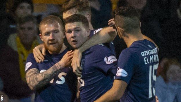 Dom Thomas (centre) celebrates scoring for Kilmarnock