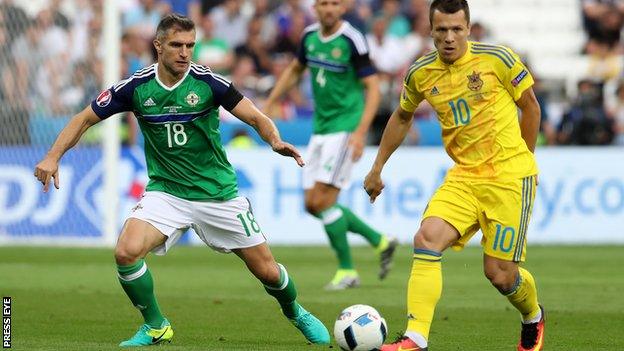 Aaron Hughes closes in on Ukraine's Yevhen Konoplyanka during the 2-0 win at Euro 2016