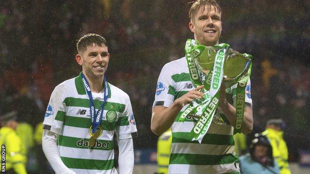 Ryan Christie (left) celebrates last weekend's League Cup win with team-mate Kristoffer Ajer