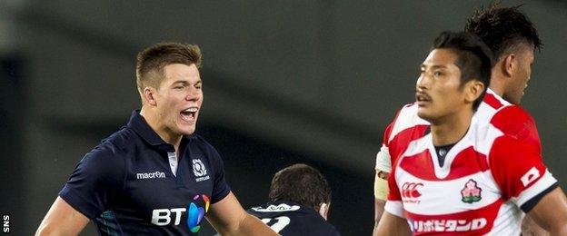 Huw Jones playing for Scotland against Japan