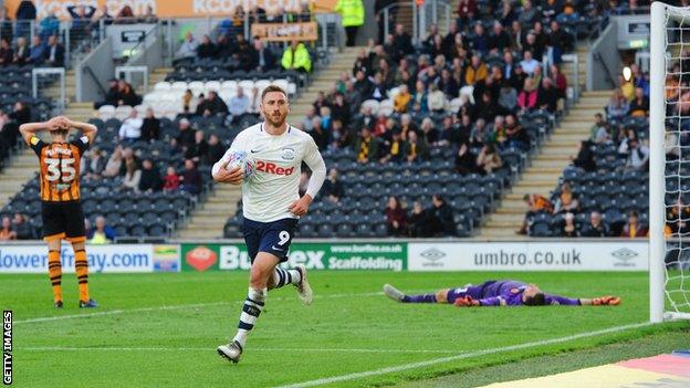Louis Moult celebrates his late goal for Preston
