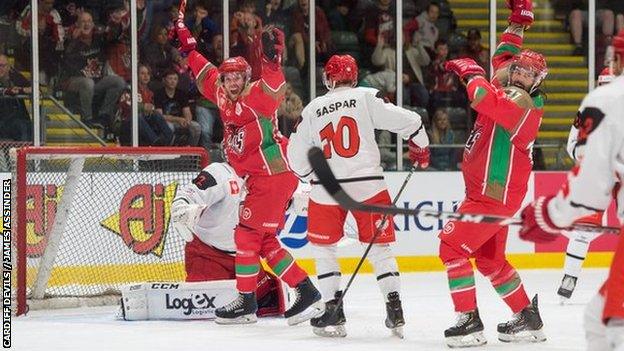 Cardiff Devils celebrate goal against Mountfield HK