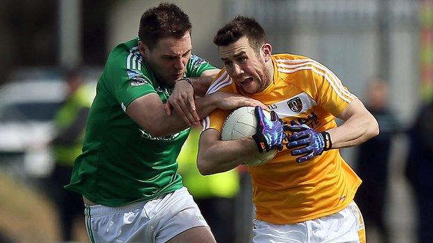 Fermanagh's Richard O'Callaghan battles with Antrim's Conor Murray in the Ulster SFC game on 31 May