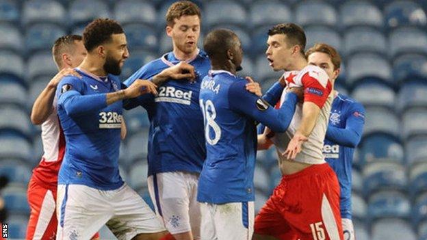 Rangers' Glen Kamara confronts Slavia Prague's Ondre Kudela