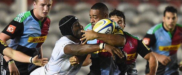 Darryl Marfo (right) in action against Saracens for Harlequins