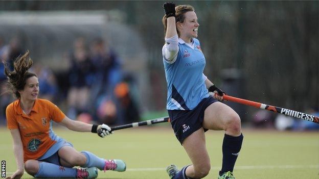 Megan Frazer celebrates her equaliser for Ulster Elks in the Irish Cup final against Ards in March