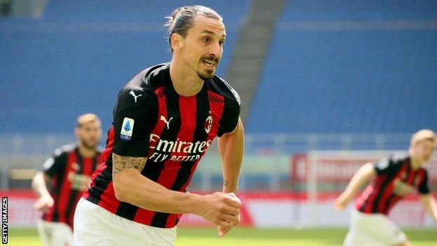 AC Milan striker Zlatan Ibrahimovic runs during a Serie A game