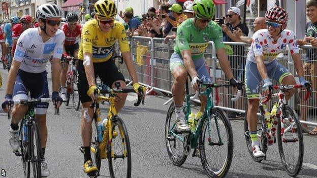 (l-r) The 2016 Tour de France jersey winners: Adam Yates, Chris Froome, Peter Sagan and Rafal Majka