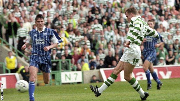 Harald Brattbakk slots home the title-clinching goal against St Johnstone