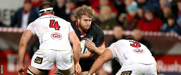 Ulster forwards Alan O'Connor and Wiehahn Herbst combine to halt the progress of Toulouse's Gillian Galan