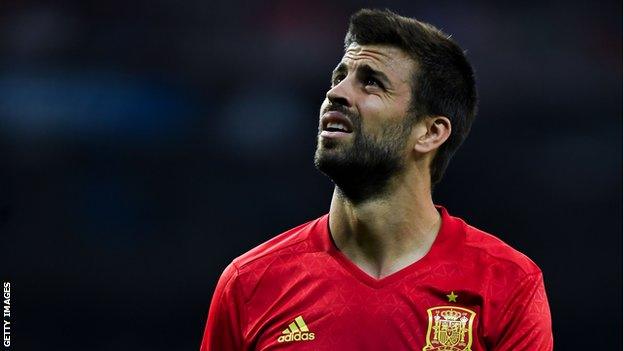 Gerard Pique looks on during the World Cup Qualifier between Spain and Italy at Estadio Santiago Bernabeu in September 2017