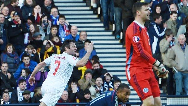 Gibraltar's Lee Casciaro celebrates his goal against Scotland