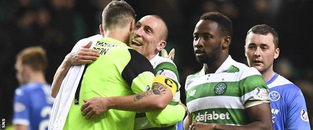 Craig Gordon congratulates Scott Brown after his 400th Celtic appearance