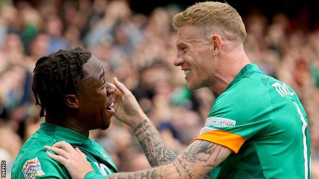 Republic striker Michael Obafemi is congratulated by James McClean after scoring in the win over Scotland