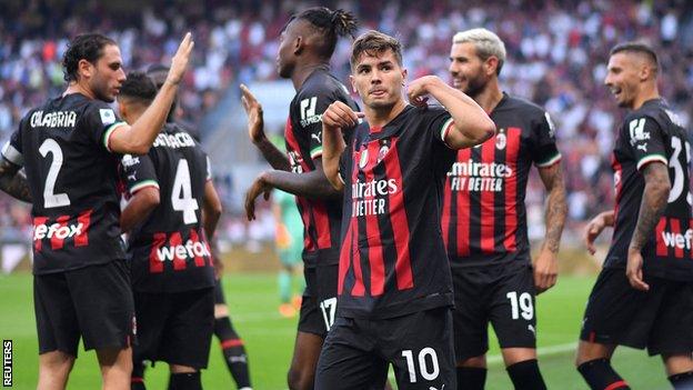 Brahim Diaz celebrates scoring AC Milan's third goal