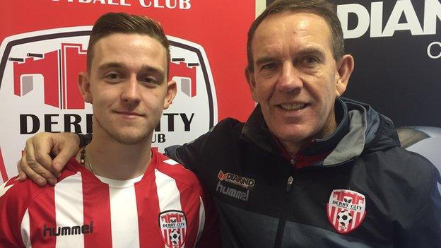 Mikhail Kennedy alongside Candystripes manager Kenny Shiels at the Brandywell