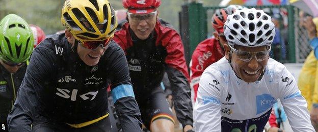 Chris Froome (left) and Nairo Quintana share a laugh on Sunday's final stage of the Tour de France