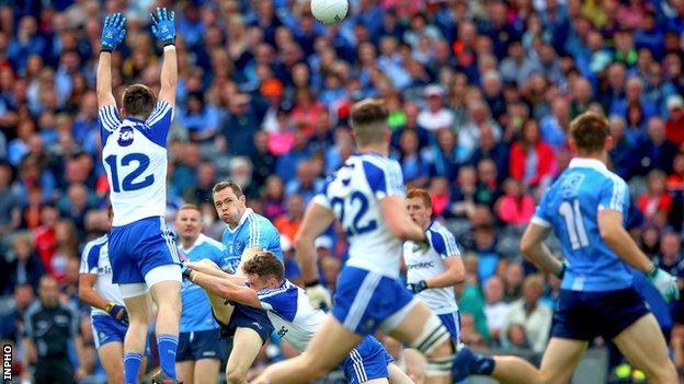 Dublin forward Dean Rock gets his shot away in the All-Ireland quarter-final against Monaghan