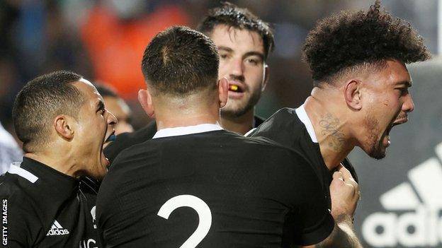 New Zealand's Ardie Savea celebrates scoring against Fiji with both sides travelling to play Wales this autumn