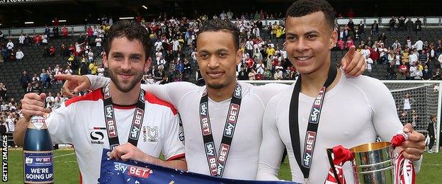 Will Grigg (left), Lewis Baker (middle) and Dele Alli were all on loan at MK Dons last season