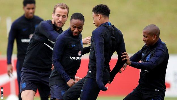 Ashley Young, Harry Kane, Jesse Lingard and Rahemm Sterling in training for England